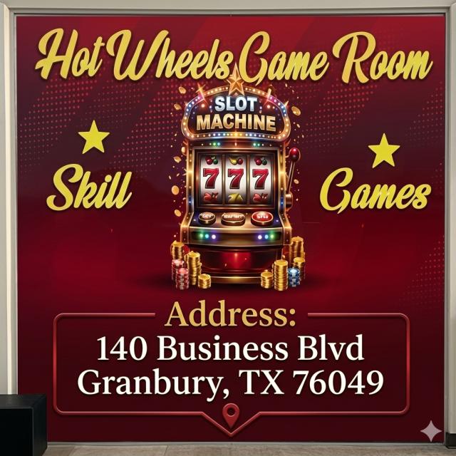 NEW OPENING: Granbury’s Hottest Gaming Destination is HERE!-HOT WHEELS GAME ROOM- All Skill Brand New 43 Inch Vertical Slot Table Game Machine NEW OPENING: Granbury’s Hottest Gaming Destination is HERE!-HOT WHEELS GAME ROOM- All Skill Brand New 43 Inch Vertical Slot Table Game Machine